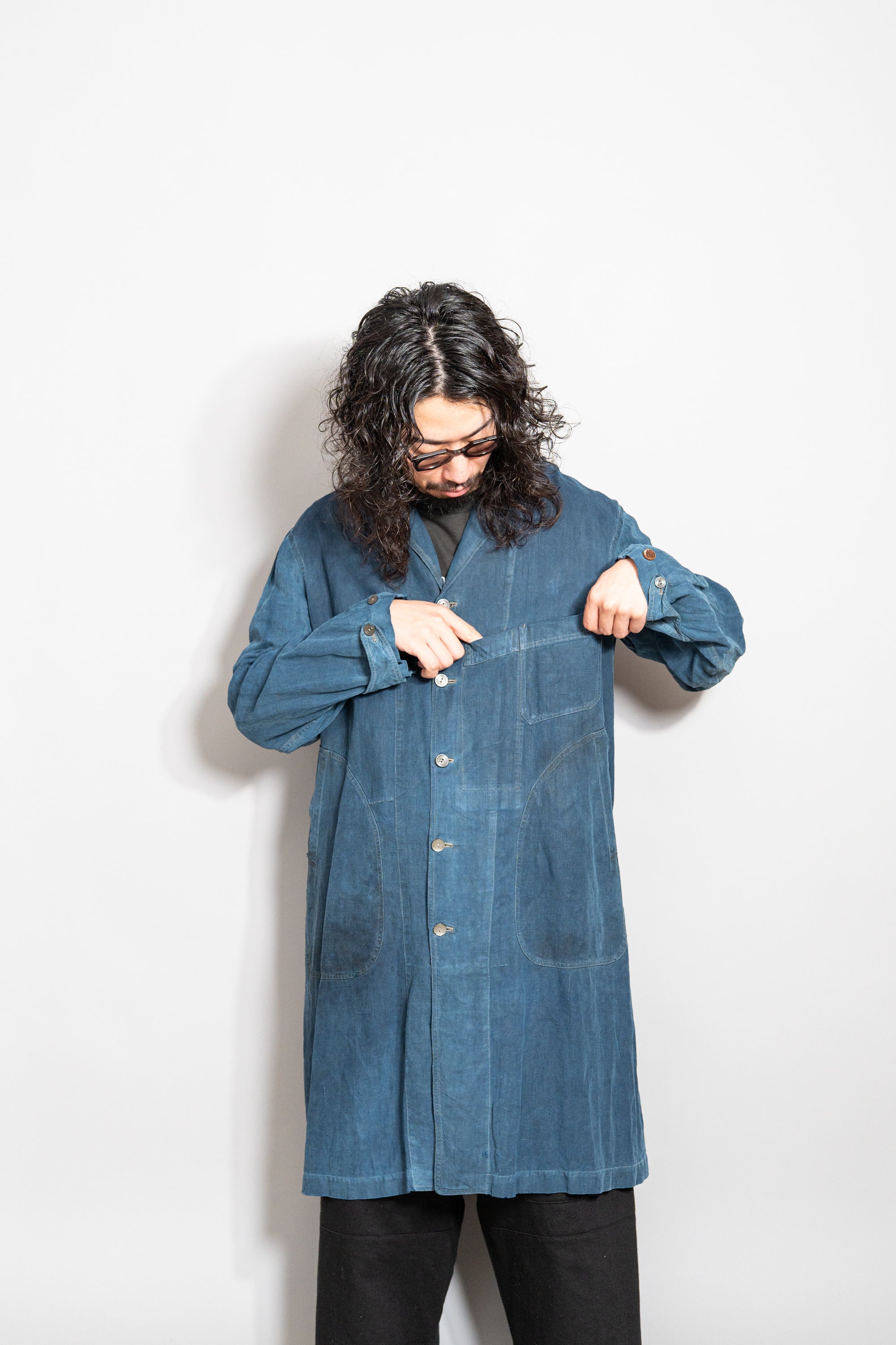 1920~30's French antique SALACHE Indigo linen maquignon coat