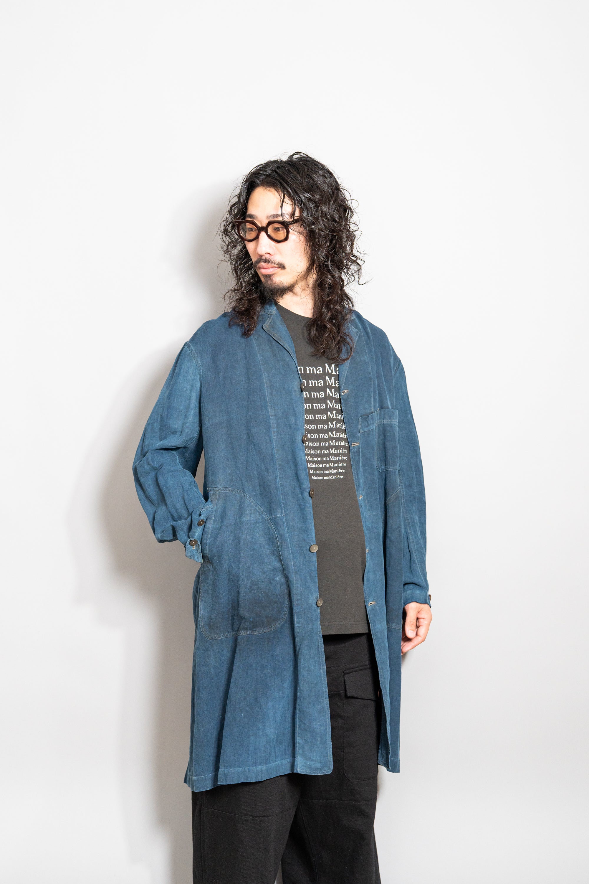 ジャケット・アウター 20s Vintage Indigo Linen Maquignon Coat 1920~30's French antique SALACHE Indigo linen maquignon coat