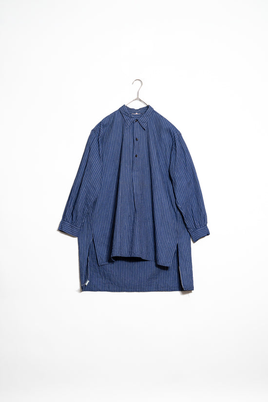 20-30s French Indigo Cotton Discharge Print Stripe Shirt "Good Condition"