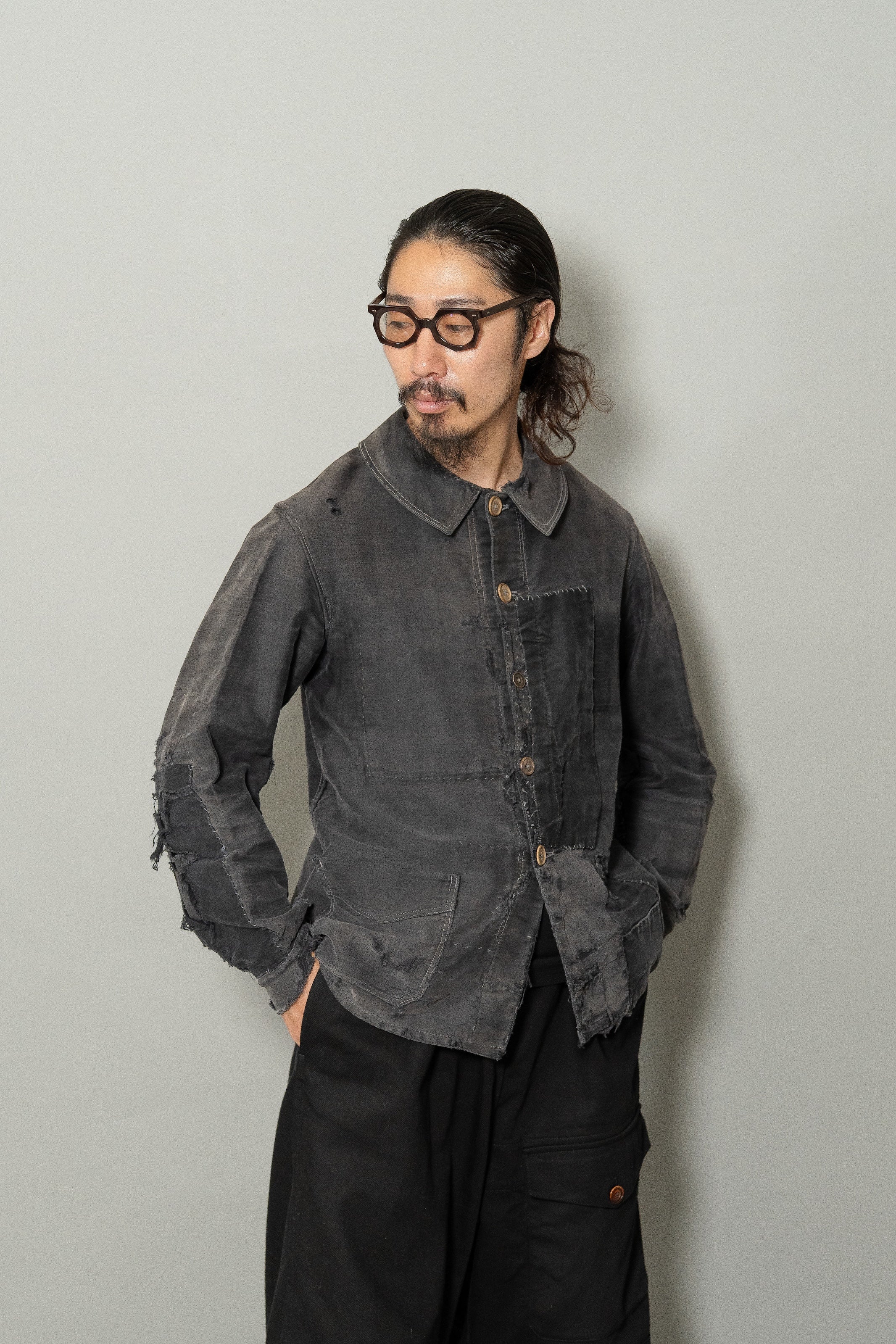 1930's French Vintage TSF Black moleskin work jacket 