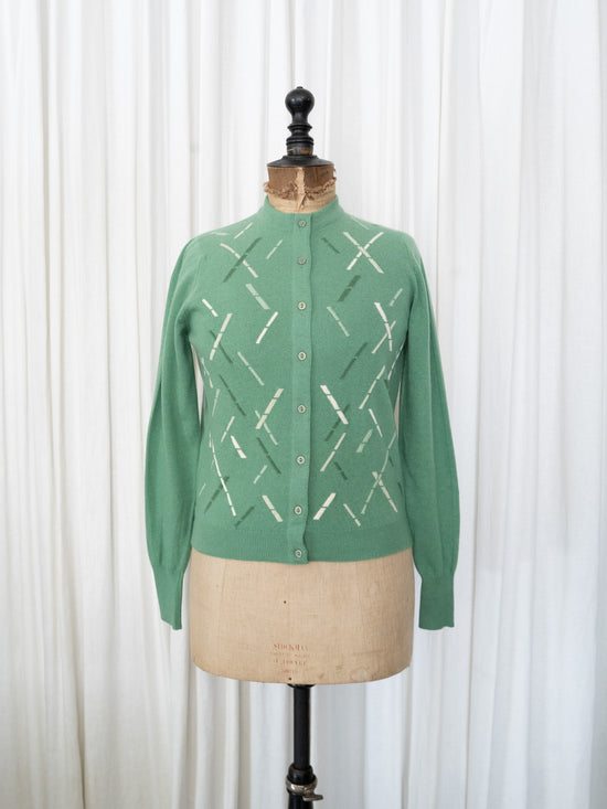 1980s MADE IN SCOTLAND BALLANTYNE Geometric Slash Pattern Pure Cashmere Knit Cardigan Size 38