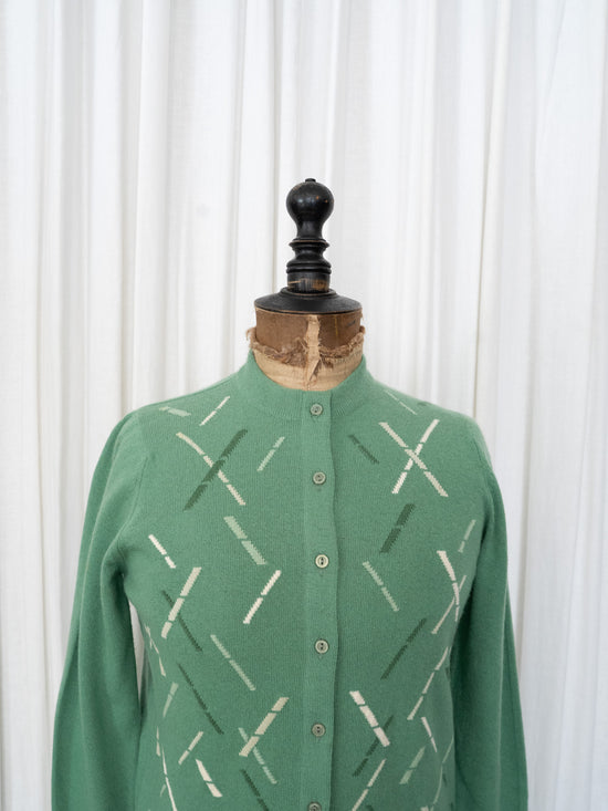 1980s MADE IN SCOTLAND BALLANTYNE Geometric Slash Pattern Pure Cashmere Knit Cardigan Size 38