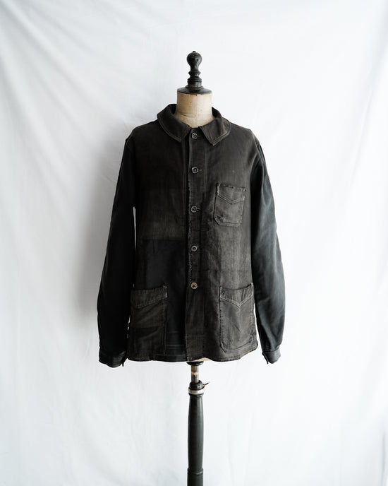 1940’s French Vintage LE MONT ST MICHEL Beatiful patched Black moleskin work jacket "V pocket"