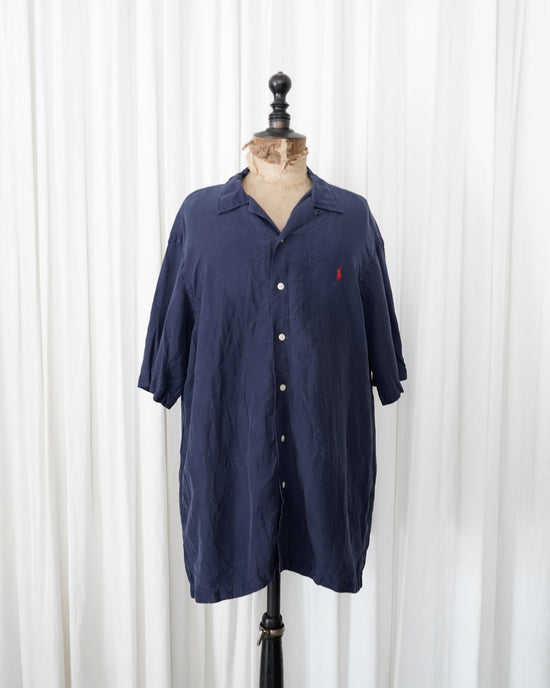 90s Polo by Ralph Lauren Midnight Navy Linen Open Collar Shirt