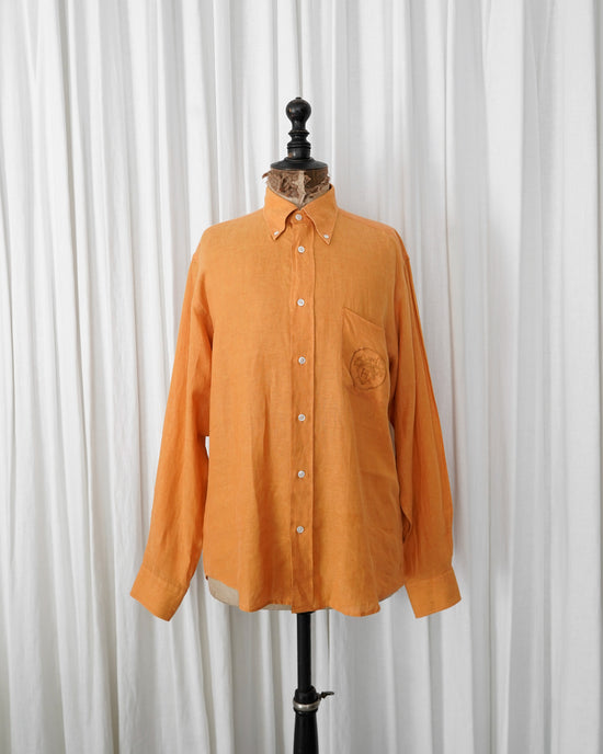 90s HERMÈS Paris  Iconic Hermès Orange Linen B.D Shirt with Crest Embroidery Made in France
