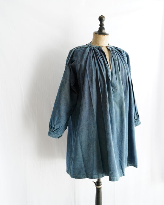 20Century French Antique Indigo woven cotton maquignon smock Biaude